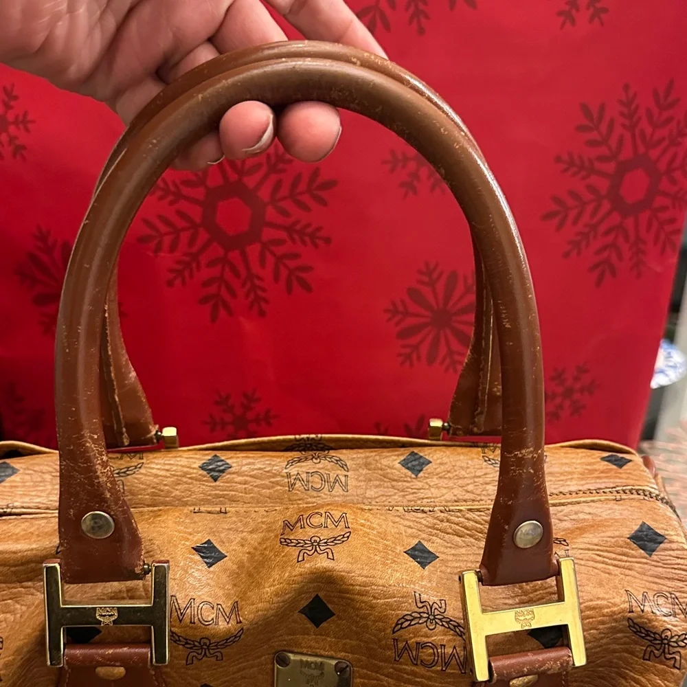 MCM Tan Monogram Satchel with Gold Accents - Picture 4 of 14